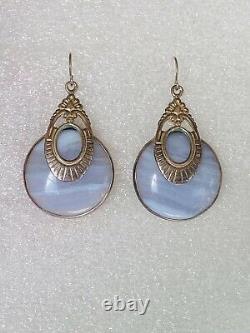 Heavy Vintage Signed Lar. In Sterling Silver Blue Lace Agate Dangle Earrings