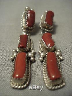 Huge Chunk Coral Vintage Navajo Sterling Silver Earrings