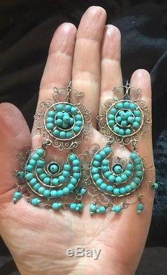 Huge Vintage Mexican Oaxacan Sterling Silver Filigree Turquoise Frida Earrings