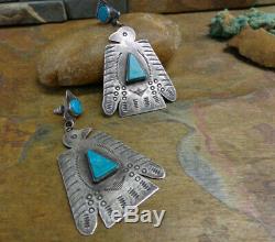 Huge Vintage Navajo Thunderbird Turquoise Sterling Earrings Native Old Pawn