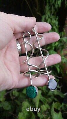 Huge Vintage Solid Sterling Silver, Malachite & Onyx Mexican Modernist Earrings