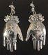 Huge Vintage Style Mexican Sterling Silver Birds Heart Milagros Hand Earrings