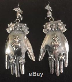 Huge Vintage Style Mexican Sterling Silver Birds Heart Milagros Hand Earrings