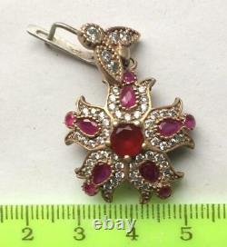 Huge Vintage Women's Jewelry Gilt Sterling Silver 925 Stone Ruby Earrings