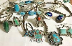 Huge Vtg Lot Sterling Silver Native American Turquoise Cuffs Rings All Wear