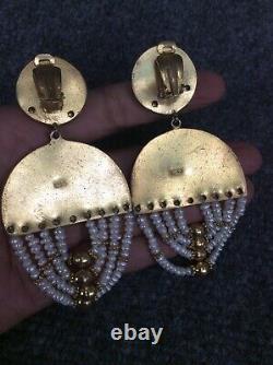 Huge statement vintage sterling silver 925 vermeil pearl clip on earrings