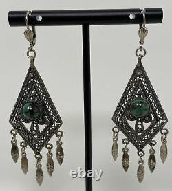ISRAEL 925 Sterling Silver Vintage Eilat Stone Ornate Filigree Dangle Earrings
