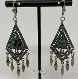 ISRAEL 925 Sterling Silver Vintage Eilat Stone Ornate Filigree Dangle Earrings