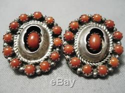 Important Vintage Navajo Coral Snake Eyes Turquoise Sterling Silver Earrings