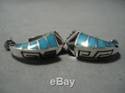 Important Vintage Navajo Lonn Parker Turquoise Sterling Silver Earrings Old