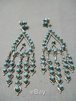 Incredible Vintage Zuni American Blue Gem Turquoise Sterling Silver Earrings