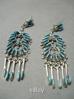 Incredible Vintage Zuni Native American Long Turquoise Sterling Silver Earrings