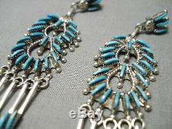 Incredible Vintage Zuni Native American Long Turquoise Sterling Silver Earrings