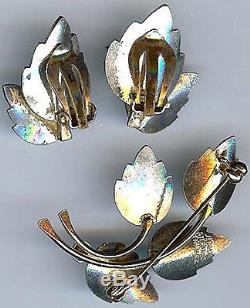 Jemax Denmark Vintage Gold Wash Sterling Sea Green Enamel Pin & Earrings Set