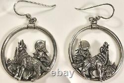 Kabana Vintage Sterling 925 Howling Wolf Dangle Earrings (c663a)