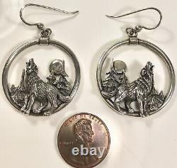 Kabana Vintage Sterling 925 Howling Wolf Dangle Earrings (c663a)