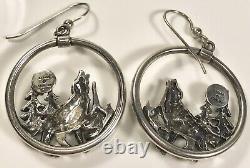 Kabana Vintage Sterling 925 Howling Wolf Dangle Earrings (c663a)