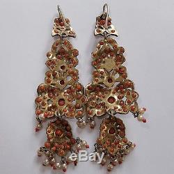 Large Vintage Antique Gilt Sterling Silver Salmon Red Coral Dangle Earrings