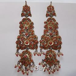 Large Vintage Antique Gilt Sterling Silver Salmon Red Coral Dangle Earrings