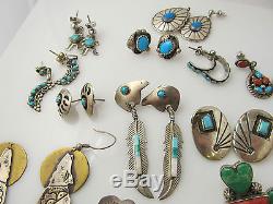 LOT OF 19 PAIRS OF VINTAGE NATIVE AMERICAN STERLING SILVER EARRINGS SIGNED