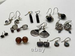LOT of 10 Southwest Vintage Sterling Silver Hoop Dangle Amber Onyx Earrings