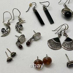 LOT of 10 Southwest Vintage Sterling Silver Hoop Dangle Amber Onyx Earrings