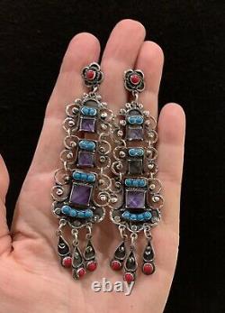 Large Mexican Sterling Silver Turquoise Amethyst Vintage Matl Style Earrings