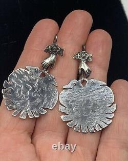 Large Mexican Sterling Silver Vintage Style Milagros Hand Bird Earrings
