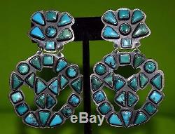 Large NAVAJO Vintage SPIRIT WINDS LVW Sterling Silver Turquoise Clip Earrings