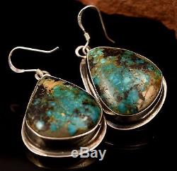 Large Old Pawn Navajo Vintage Boulder Turquoise Sterling Dangle Drop Earrings
