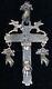 Large Vtg Style Mexican Sterling Silver Milagros Cross Pendant Oaxaca Mexico