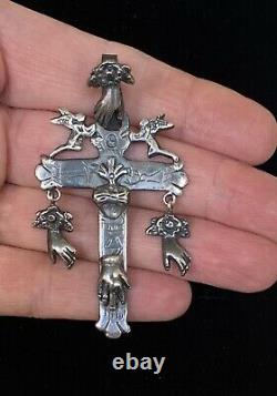 Large VTG Style Mexican Sterling Silver Milagros Cross Pendant Oaxaca Mexico