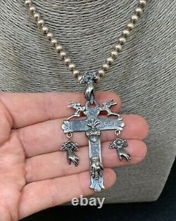 Large VTG Style Mexican Sterling Silver Milagros Cross Pendant Oaxaca Mexico