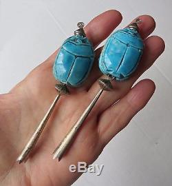 Large Vintage Egyptian Sterling Silver Blue Glazed Faience Scarab Clip Earrings