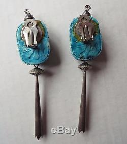Large Vintage Egyptian Sterling Silver Blue Glazed Faience Scarab Clip Earrings