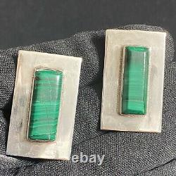 Large Vintage Estate Sterling Silver Malachite Hand Made Earrings 1 7/16 X 7/8