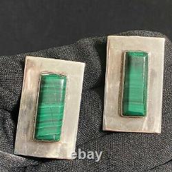 Large Vintage Estate Sterling Silver Malachite Hand Made Earrings 1 7/16 X 7/8