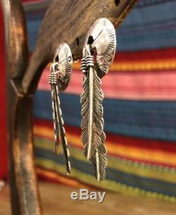 Large Vintage Native American Sterling Silver Feathers Dangle Post Earrings