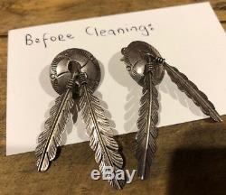 Large Vintage Native American Sterling Silver Feathers Dangle Post Earrings