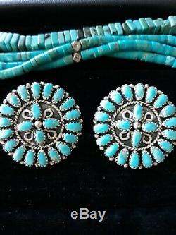 Large Vintage Navajo LM BEGAY Sterling Silver & Turquoise Petit Point Earrings