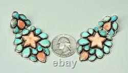 Large Vtg Signed Oscar Betz Turquoise & Coral Star Sterling Post Earrings 2 3/8