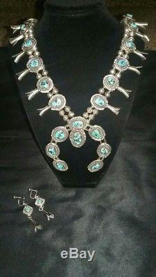 Large vintage 1950's sterling silver turquoise squash blossom necklace earrings