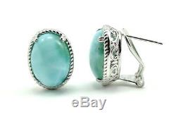Larimar 100% Natural Vintage French Clip 10X14mm 925 Sterling Silver Earrings