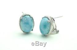 Larimar 100% Natural Vintage French Clip 10X14mm 925 Sterling Silver Earrings