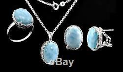 Larimar 30ct Oval Vintage Ring Earrings Necklace SET 925 Sterling Silver