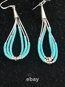 Liquid Silver Heishi Dangle Blue Turquoise Sterling Earrings 2