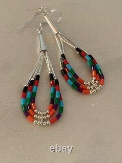 Liquid Silver Heishi Dangle Multicolor Turquoise Coral Sterling Earrings 2 2001