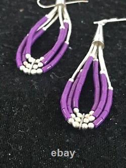 Liquid Silver Heishi Purple Sugilite Sterling Silver Dangle Tube Earrings 2Bead