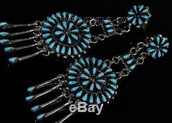 Long Old Pawn Vintage Zuni Navajo Petit Point Turquoise Dangle Sterling Earrings