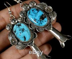 Long Solid Old Pawn Vintage NAVAJO Sterling Turquoise Squash Blossom Earrings
